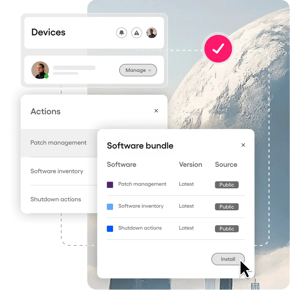 Atera device management panel showing patch management, software installation, run script, and shutdown actions