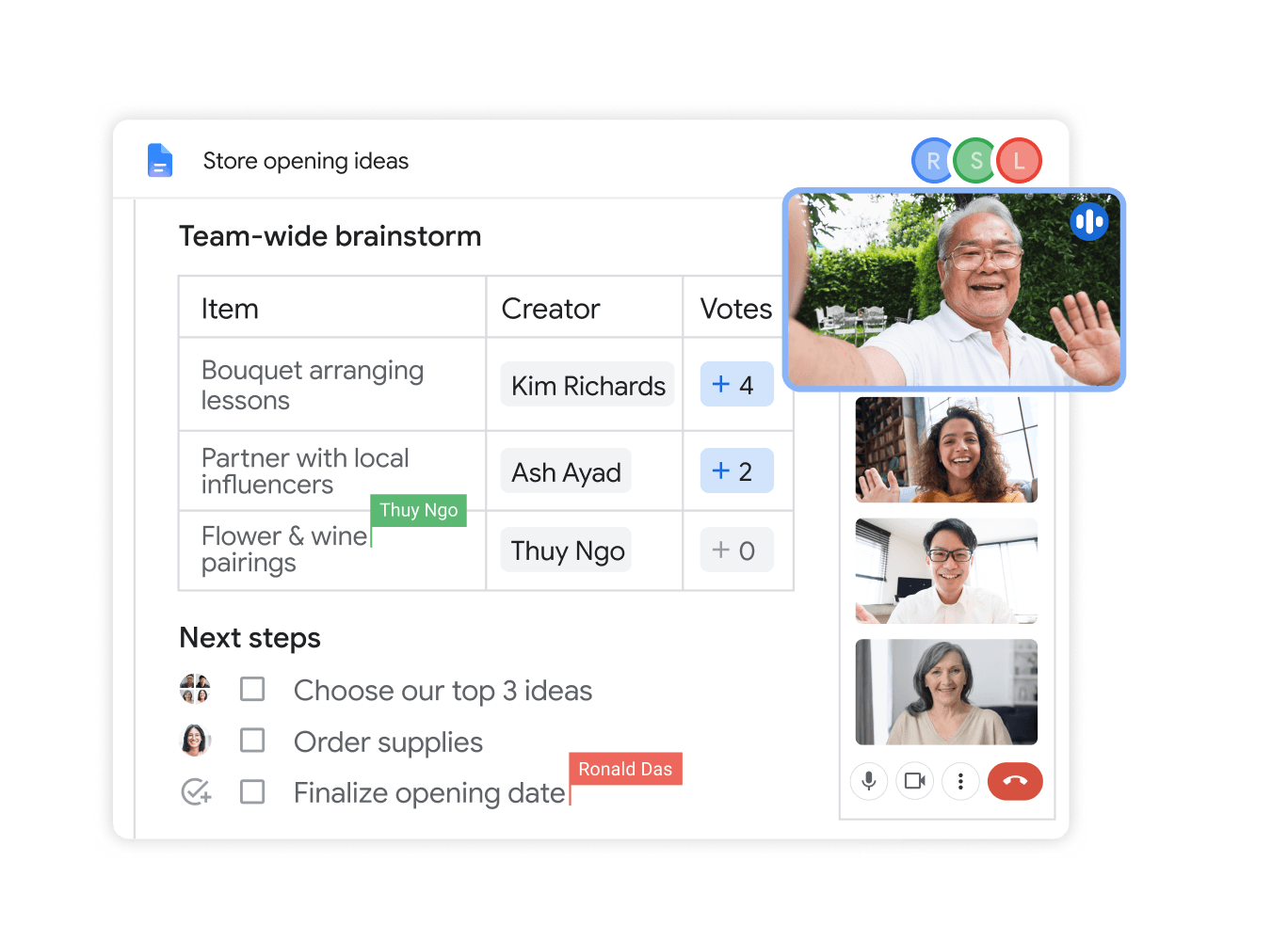 Google Docs layered with comments and live meeting features