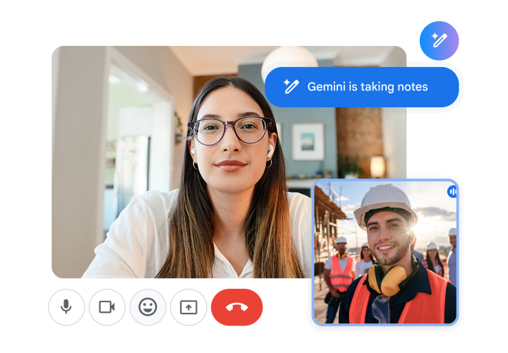 Google Meet video call interface showing AI-enhanced framing and noise cancellation controls